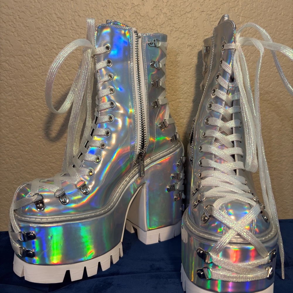 Dolls Kill Silver Holographic Platform Boots - Picture 2 of 6